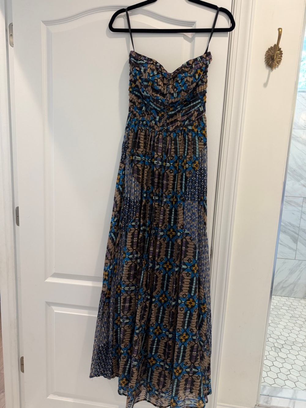 charlie jade Blue, Brown & Yellow Patterned Strapless Maxi Dress